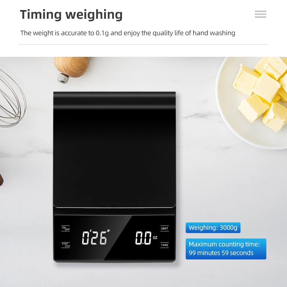 3 kg/0,1 g Kaffeewaage mit Timer, Küchenutensilien, digitale Multifunktions-Waage zum Übergießen von Tropfen, Espresso-Waage, LCD-Display