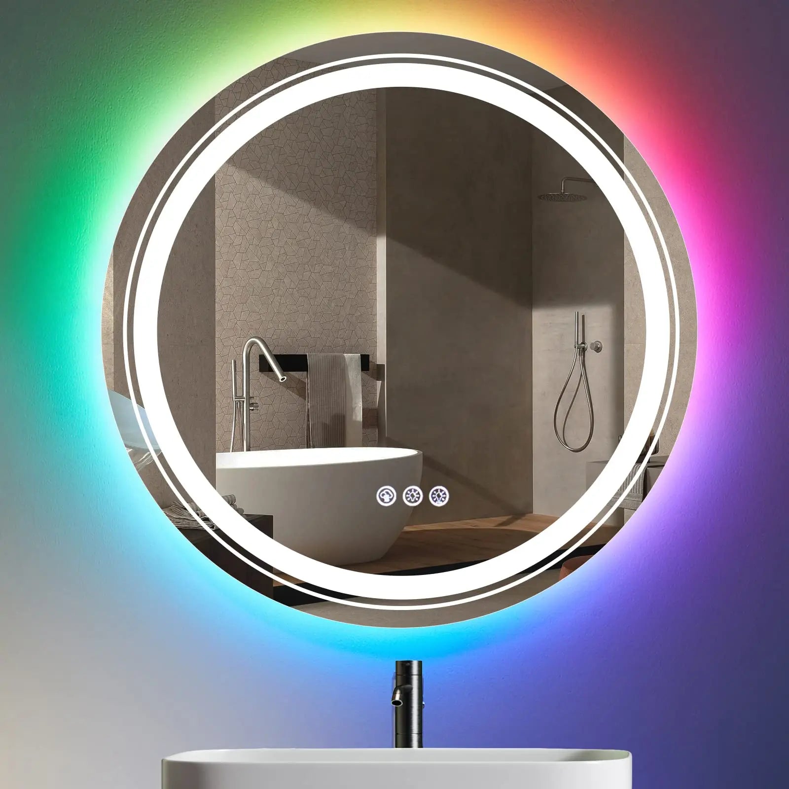 Rahmenloser Bade-RGB-Wandmontage in runder Form, intelligenter LED-Badezimmerspiegel, gehärteter Badezimmerspiegel