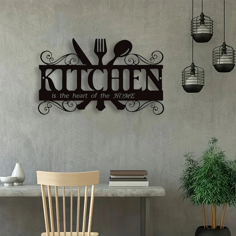Von Art Deco inspirierte Küchenwandkunst aus schwarzem Metall – elegantes Familienthema-Hängeschild mit Herzfelt-Nachricht, Bauernhaus-Dekor