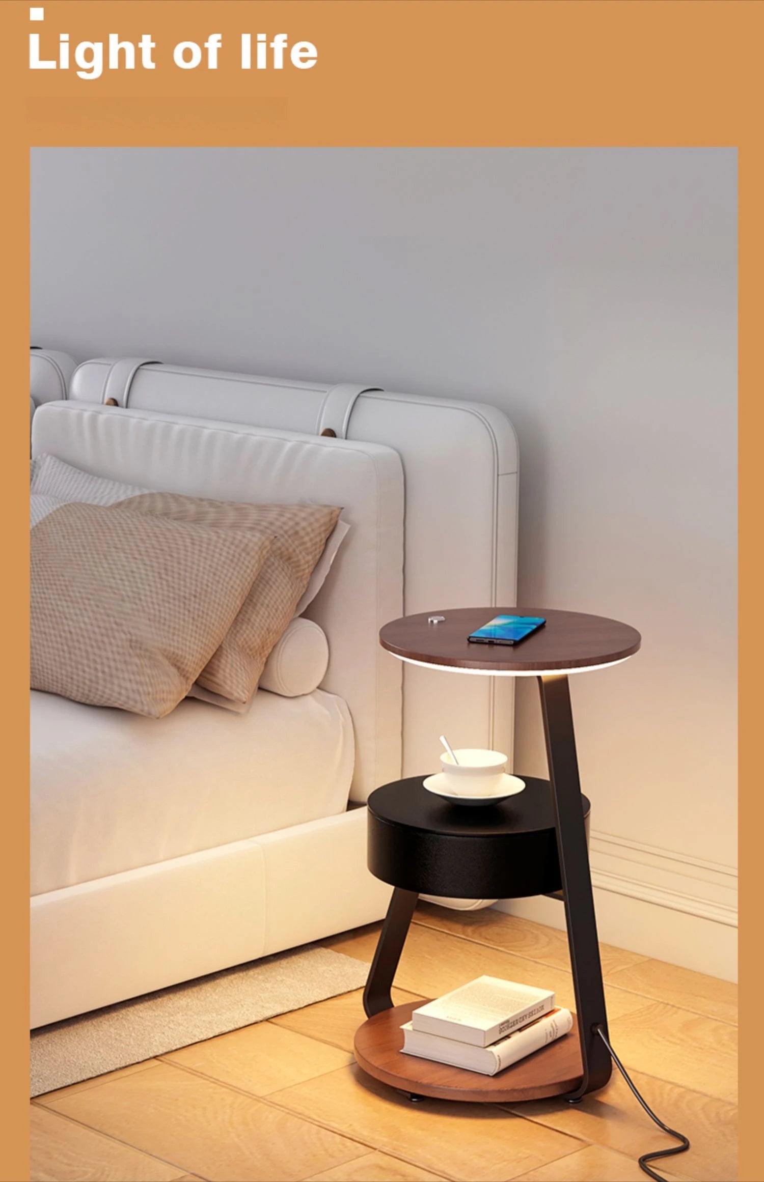 Schlafzimmer Minimalistische Nachttische Kleiner Raum Runder Licht Intelligenter Nachttisch mit kabellosem Ladegerät Nachttisch Bibliotheksmöbel