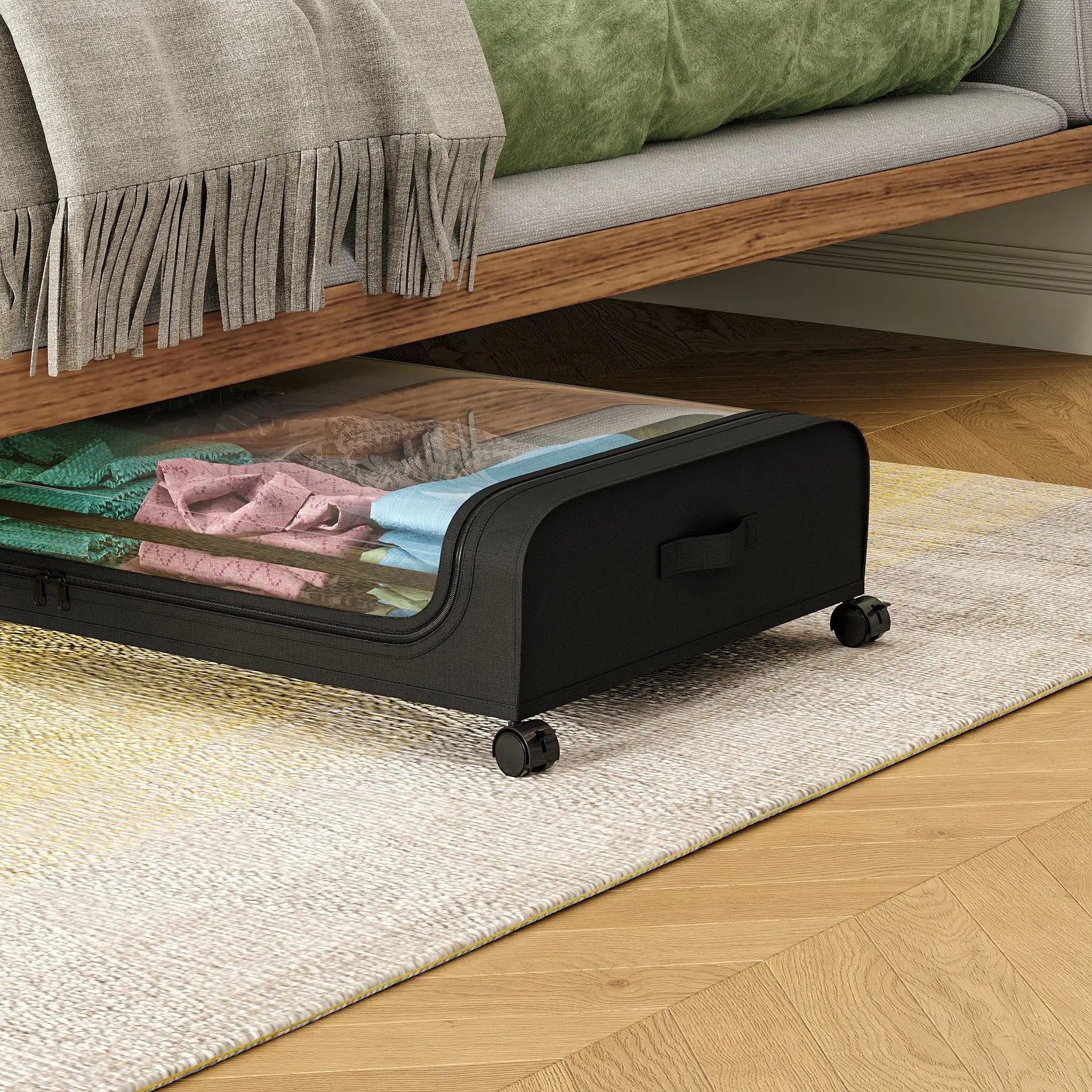 Bettboden-Aufbewahrungsbox mit Rollen, unter dem Bett, staubdichter Organizer für Kleidung, Schuhe, Zuhause, Schlafzimmer, schlichtes Design, rollende Schublade