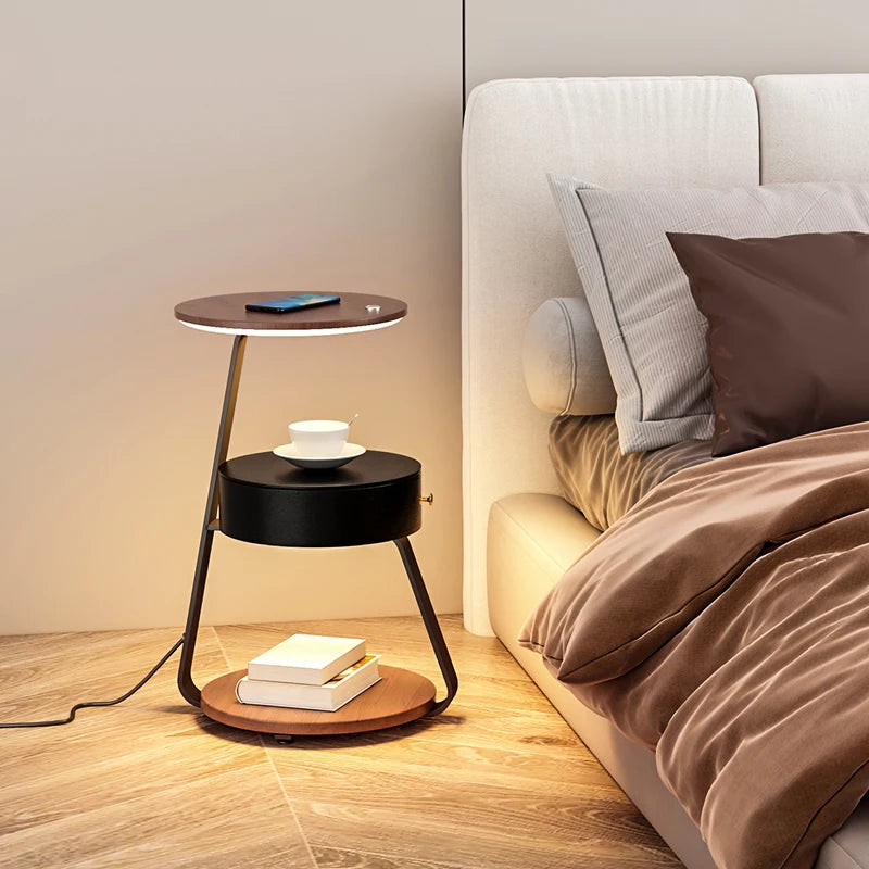 Schlafzimmer Minimalistische Nachttische Kleiner Raum Runder Licht Intelligenter Nachttisch mit kabellosem Ladegerät Nachttisch Bibliotheksmöbel