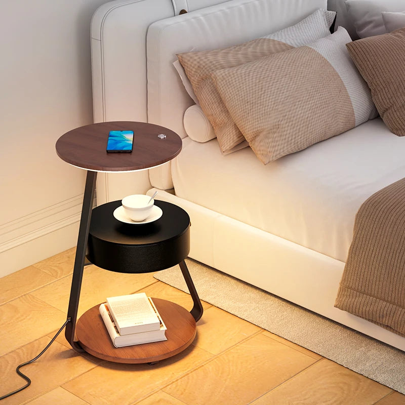 Schlafzimmer Minimalistische Nachttische Kleiner Raum Runder Licht Intelligenter Nachttisch mit kabellosem Ladegerät Nachttisch Bibliotheksmöbel