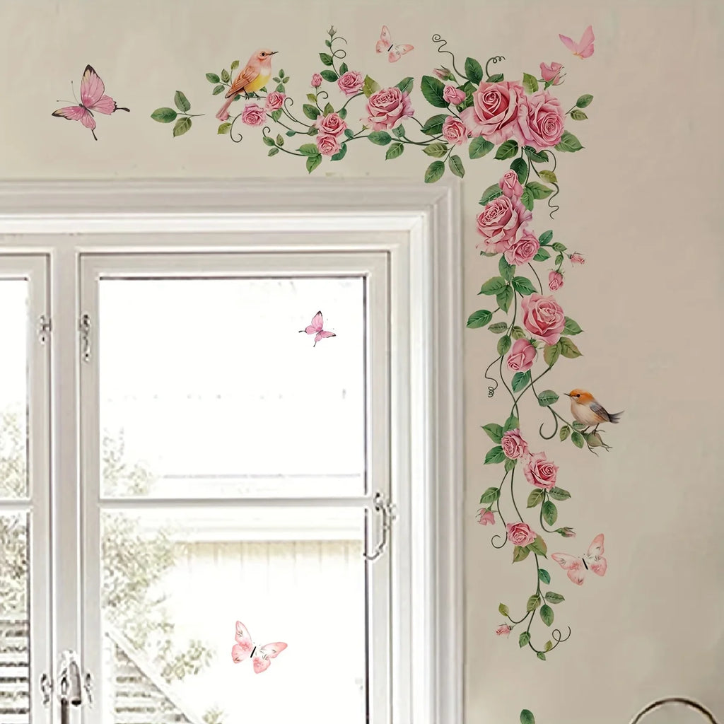 Eleganter Wandaufkleber mit Rosen- und Schmetterlingsmotiv für Türen – modernes Blumendesign – selbstklebend – wiederverwendbar – geeignet für Schlafzimmer