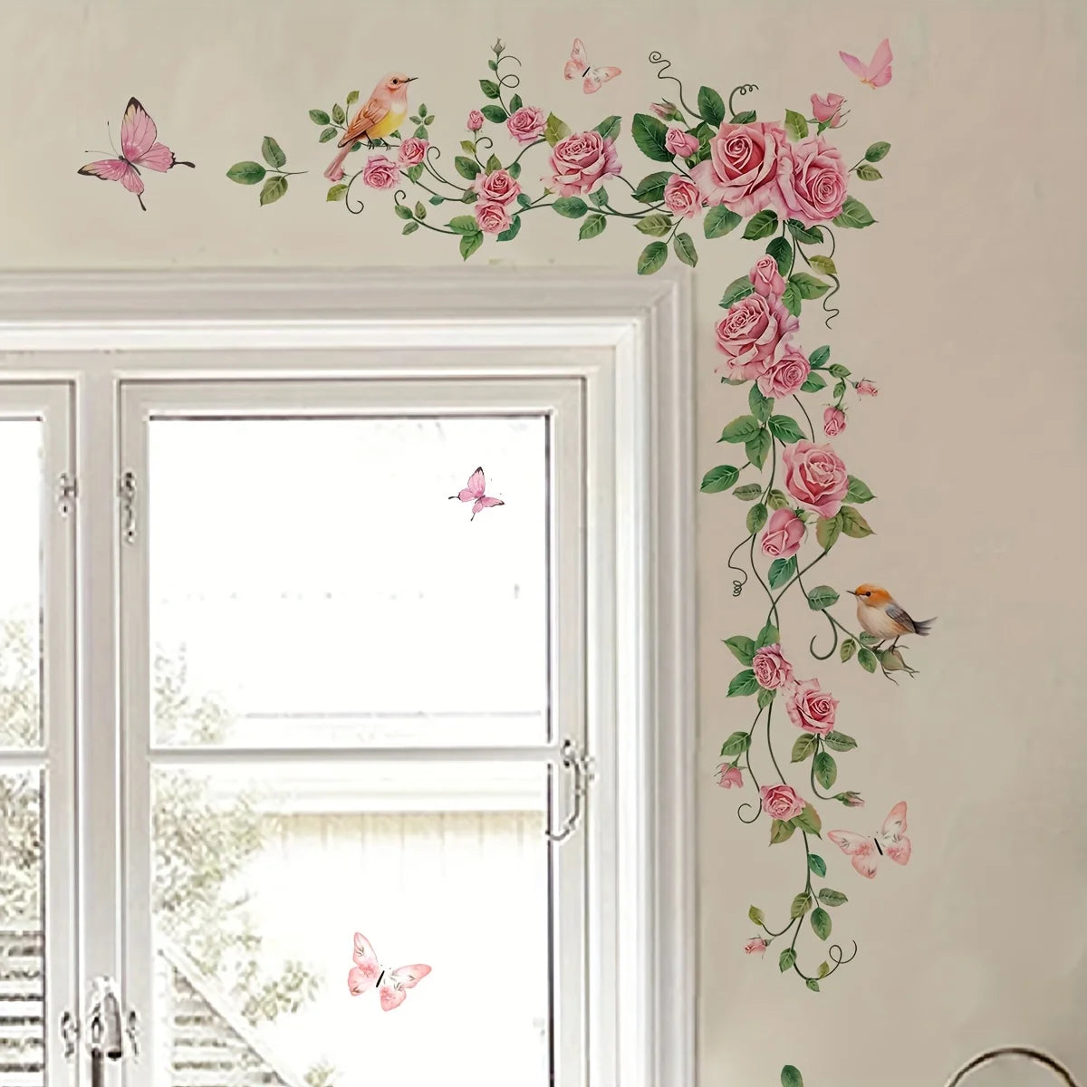 Eleganter Wandaufkleber mit Rosen- und Schmetterlingsmotiv für Türen – modernes Blumendesign – selbstklebend – wiederverwendbar – geeignet für Schlafzimmer