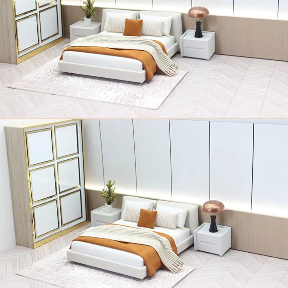 Schlafzimmer-Miniatur-Doppelbett und Bettwäsche, neue Miniaturmöbel im cremefarbenen Stil, realistisches modernes Innendesign, Raumszene