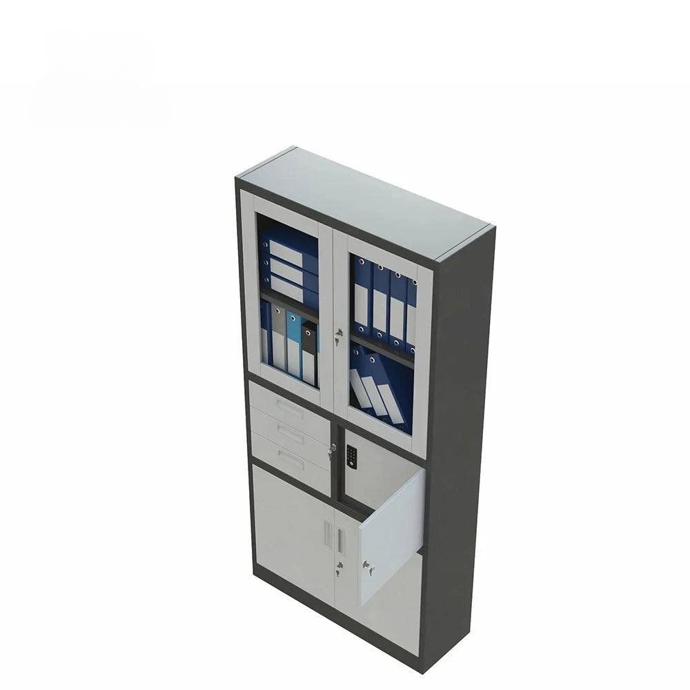Moderner Büroschrank; Ganzstahl-Aktenschrank mit doppelten Glastüren; ideal für die Dokumentenaufbewahrung im Home-Office.