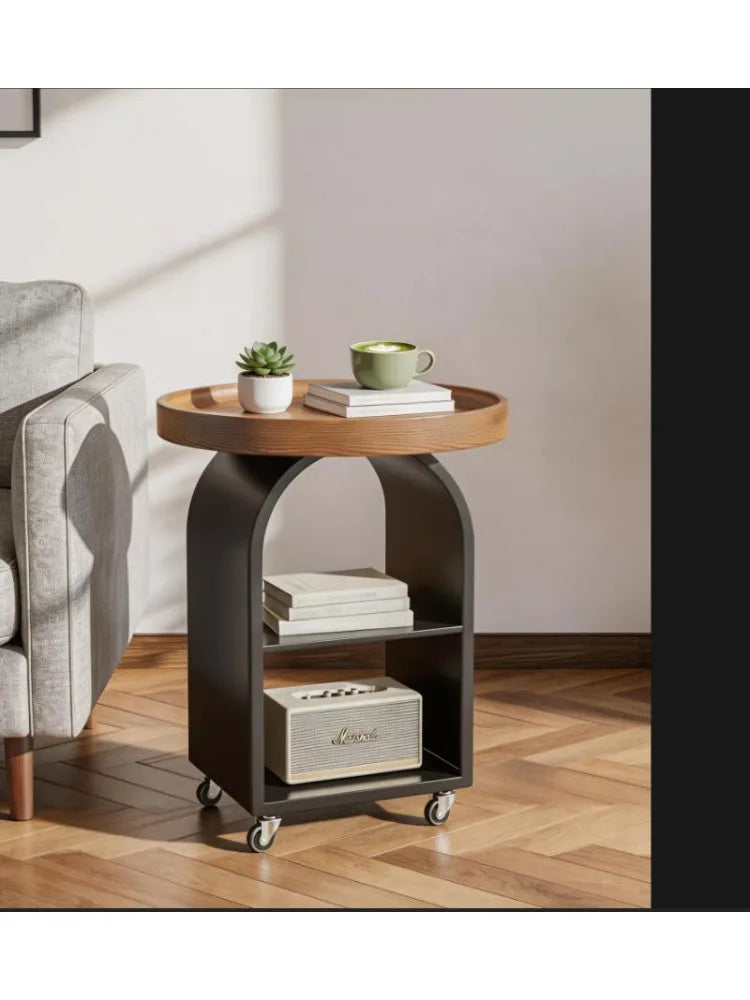 Wohnzimmer Massivholz Mobiler Runder Beistelltisch für Kleine Wohnungen, Sofa-Beistelltisch mit Rollen, Kleiner Runder Ecktisch
