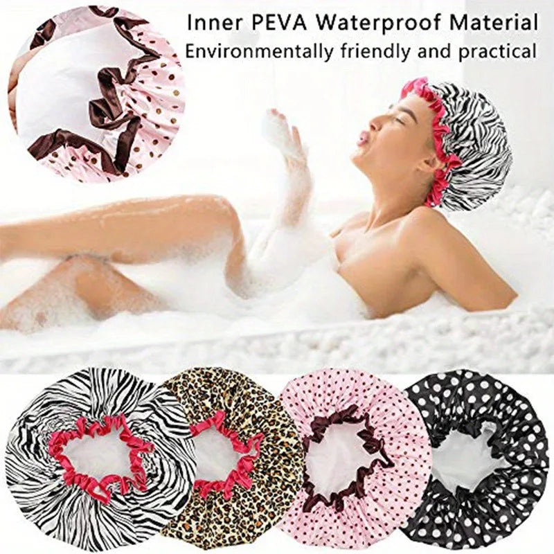1PC Wasserdichte Dusche Kappe Leopard Print Doppel Schicht Elastische Dusche Haar Abdeckung Wiederverwendbare Welle Punkt Dusche Kappe Bad Lieferungen