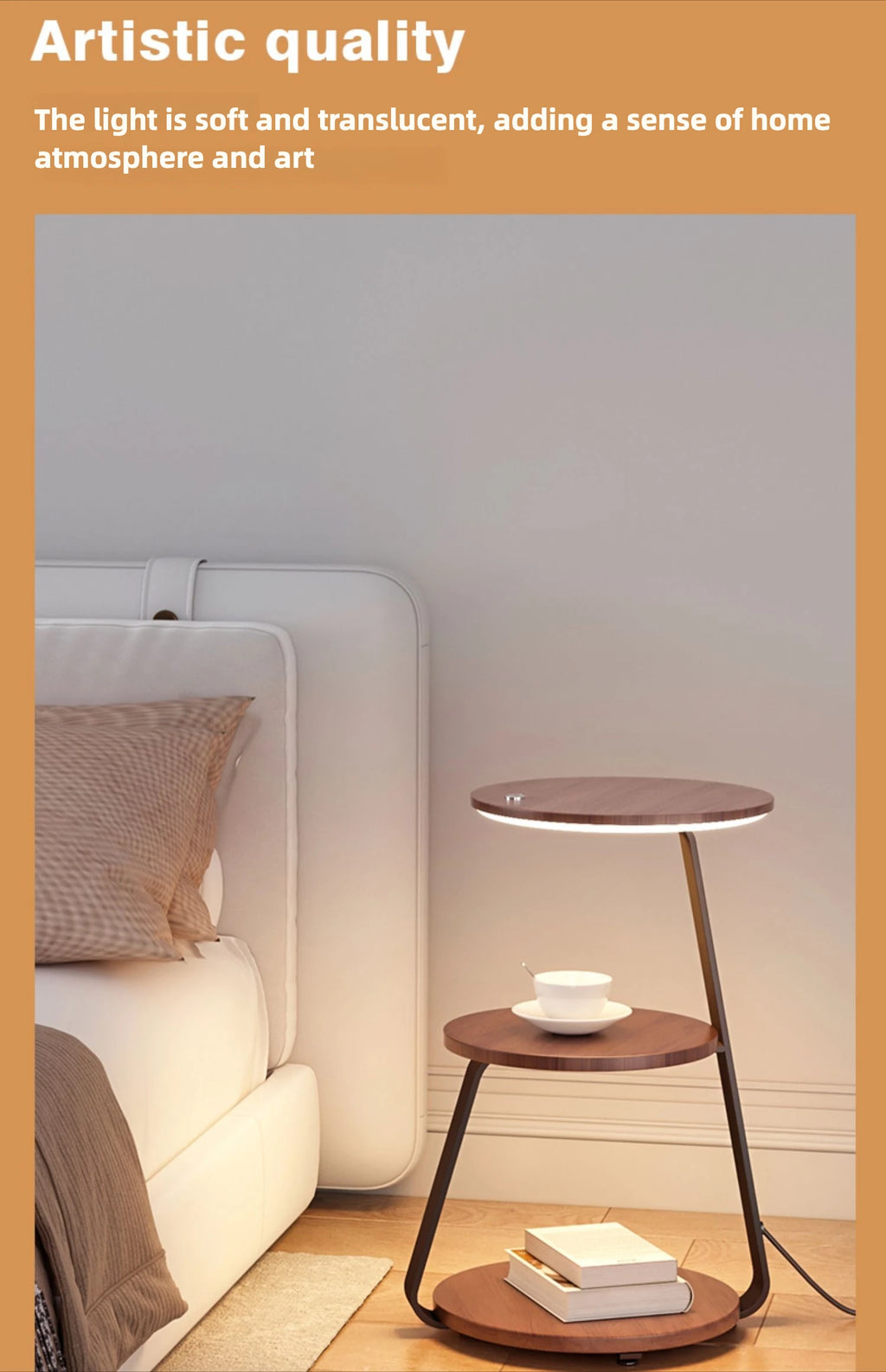 Schlafzimmer Minimalistische Nachttische Kleiner Raum Runder Licht Intelligenter Nachttisch mit kabellosem Ladegerät Nachttisch Bibliotheksmöbel