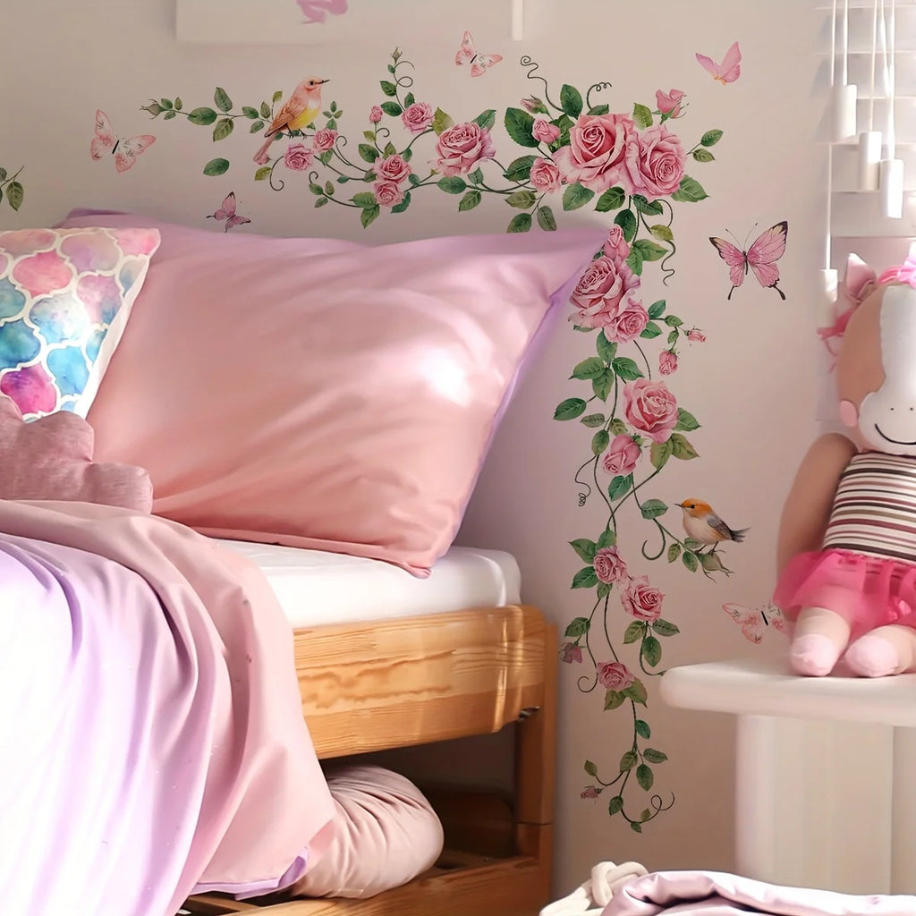Eleganter Wandaufkleber mit Rosen- und Schmetterlingsmotiv für Türen – modernes Blumendesign – selbstklebend – wiederverwendbar – geeignet für Schlafzimmer