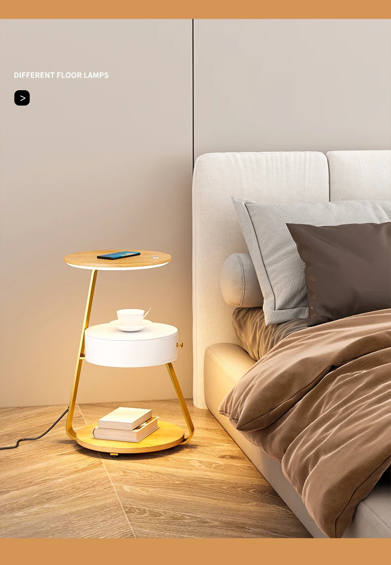 Schlafzimmer Minimalistische Nachttische Kleiner Raum Runder Licht Intelligenter Nachttisch mit kabellosem Ladegerät Nachttisch Bibliotheksmöbel
