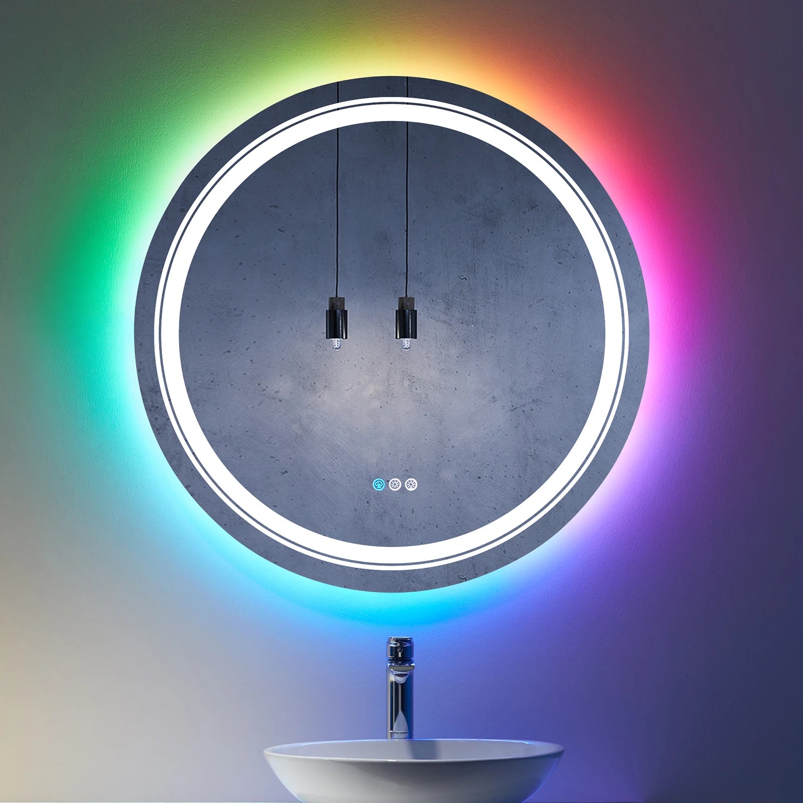 Rahmenloser Bade-RGB-Wandmontage in runder Form, intelligenter LED-Badezimmerspiegel, gehärteter Badezimmerspiegel