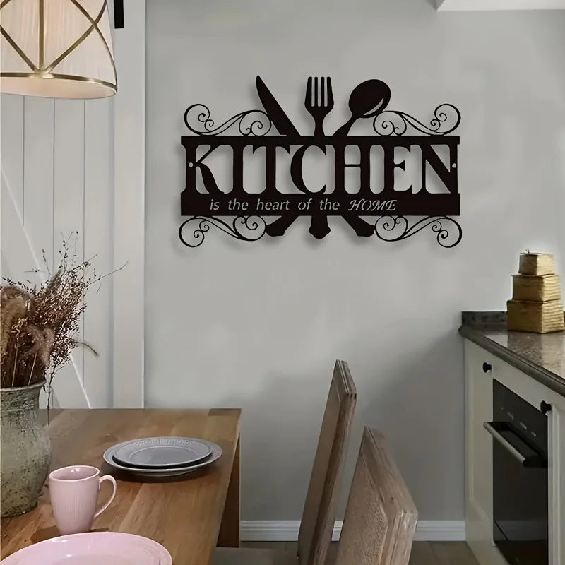 Von Art Deco inspirierte Küchenwandkunst aus schwarzem Metall – elegantes Familienthema-Hängeschild mit Herzfelt-Nachricht, Bauernhaus-Dekor