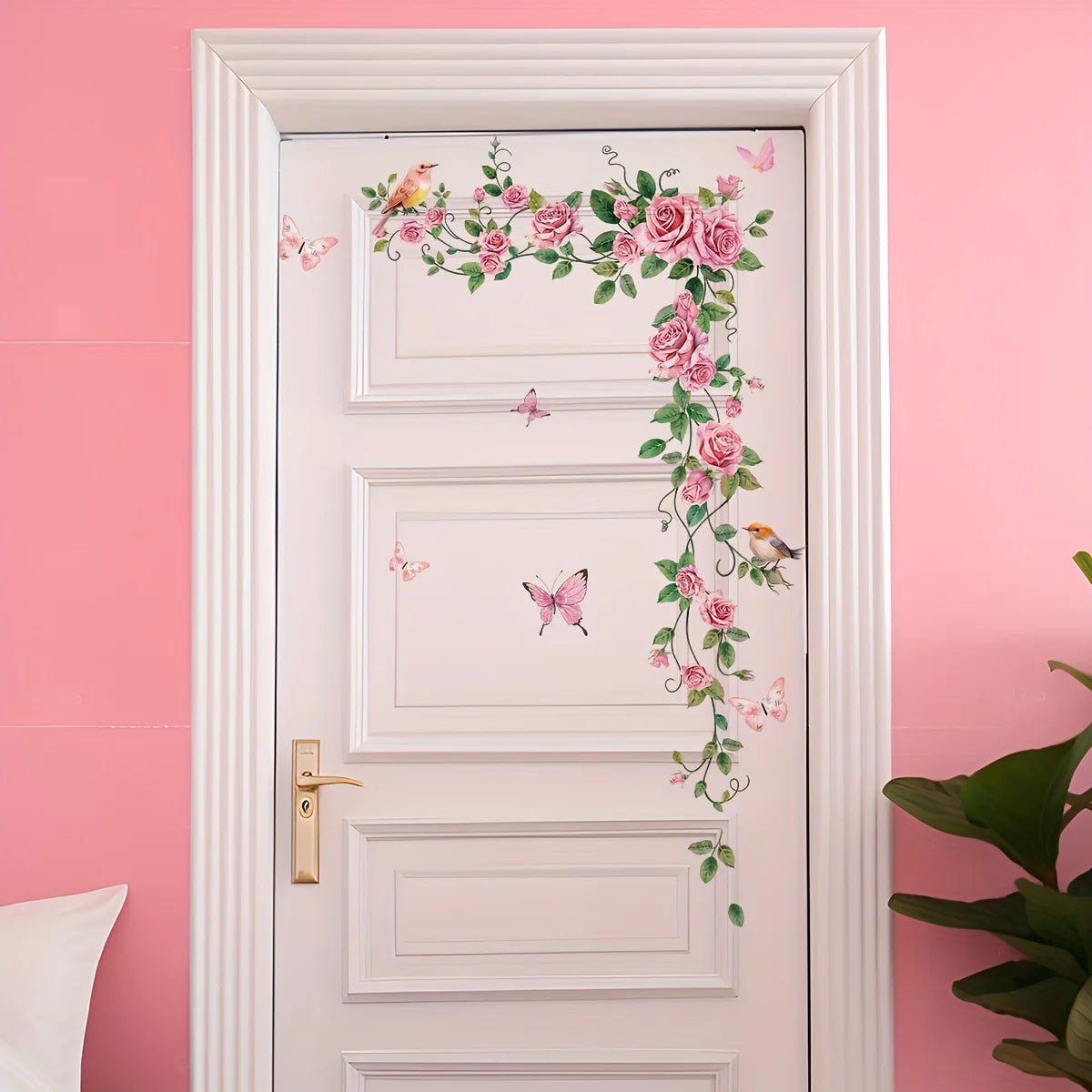 Eleganter Wandaufkleber mit Rosen- und Schmetterlingsmotiv für Türen – modernes Blumendesign – selbstklebend – wiederverwendbar – geeignet für Schlafzimmer