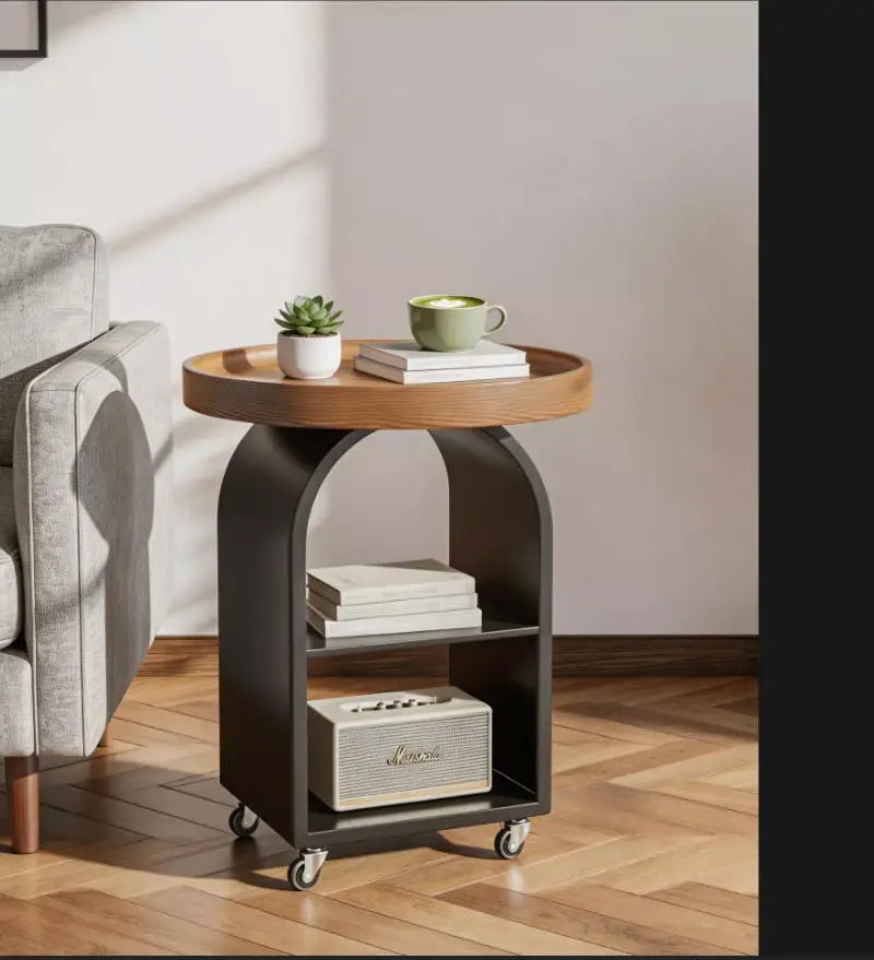 Wohnzimmer Massivholz Mobiler Runder Beistelltisch für Kleine Wohnungen, Sofa-Beistelltisch mit Rollen, Kleiner Runder Ecktisch