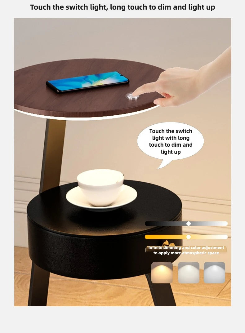 Schlafzimmer Minimalistische Nachttische Kleiner Raum Runder Licht Intelligenter Nachttisch mit kabellosem Ladegerät Nachttisch Bibliotheksmöbel