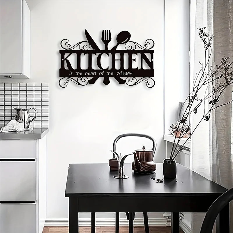 Von Art Deco inspirierte Küchenwandkunst aus schwarzem Metall – elegantes Familienthema-Hängeschild mit Herzfelt-Nachricht, Bauernhaus-Dekor