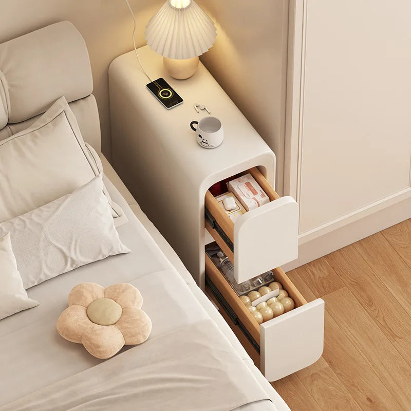 Nachttisch aus massivem Holz mit 2 Schubladen, ohne Bein-Design, kleiner Nachttisch für Schlafzimmer, minimalistischer schmaler Aufbewahrungsschrank