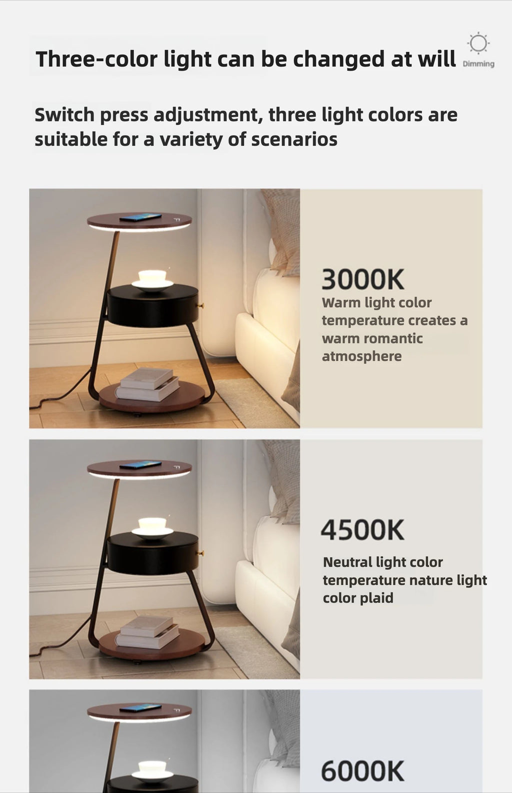 Schlafzimmer Minimalistische Nachttische Kleiner Raum Runder Licht Intelligenter Nachttisch mit kabellosem Ladegerät Nachttisch Bibliotheksmöbel