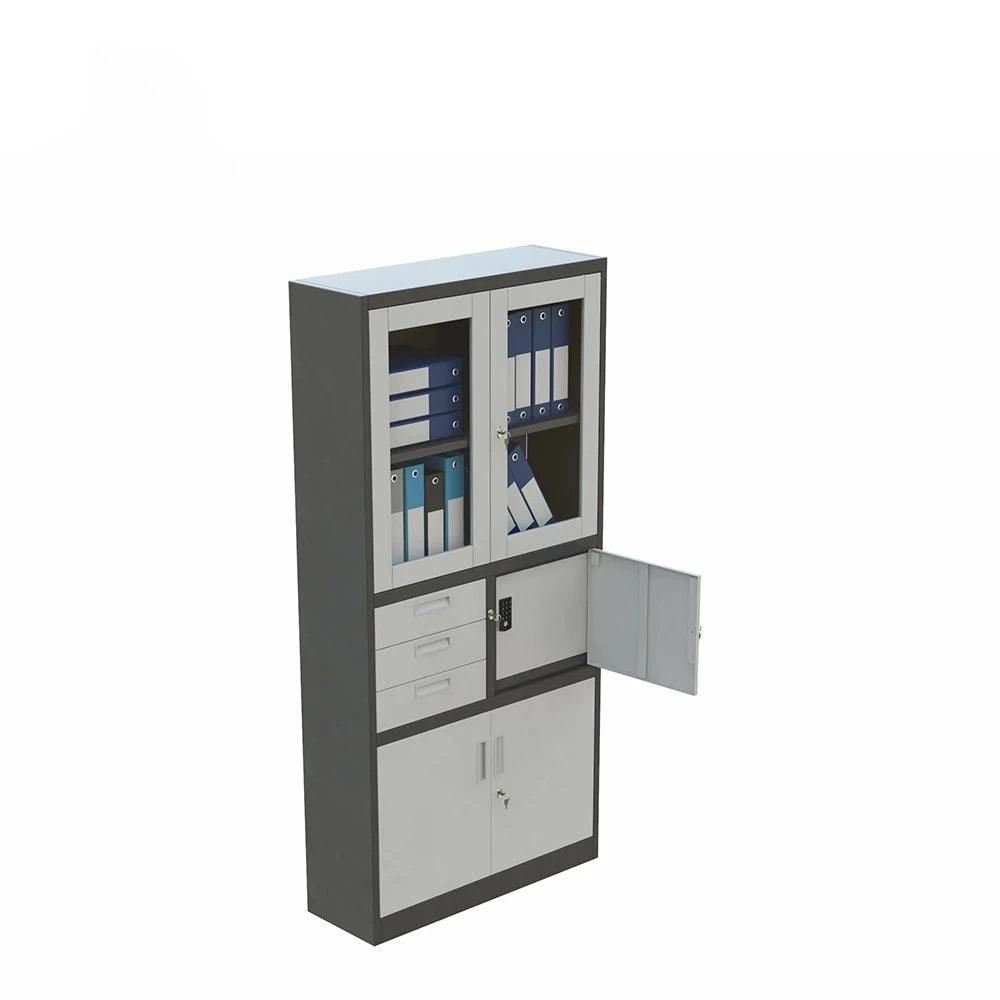 Moderner Büroschrank; Ganzstahl-Aktenschrank mit doppelten Glastüren; ideal für die Dokumentenaufbewahrung im Home-Office.