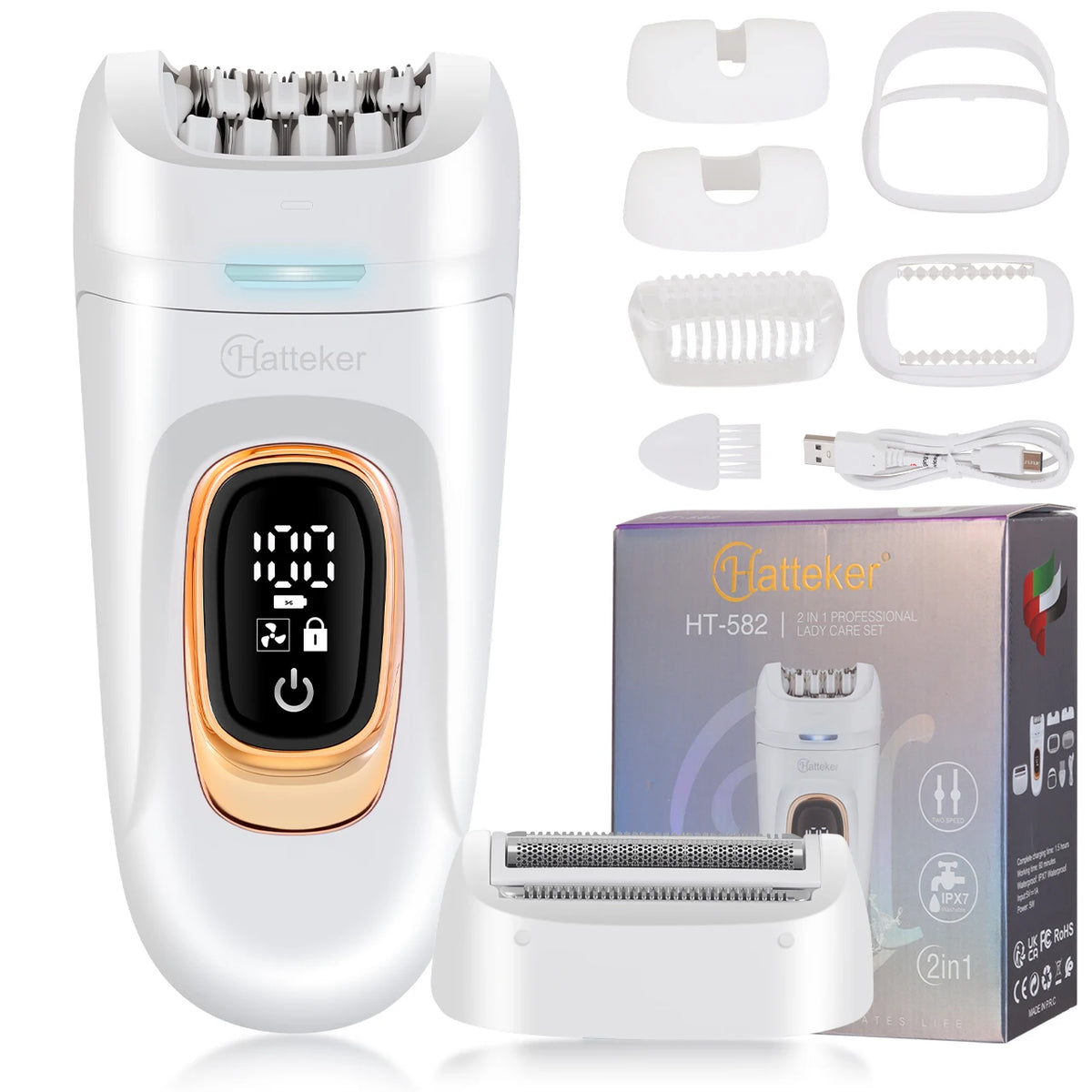 Hatteker 2 w 1 epilator i golarka dla kobiet – bezprzewodowy, do użytku na mokro i na sucho