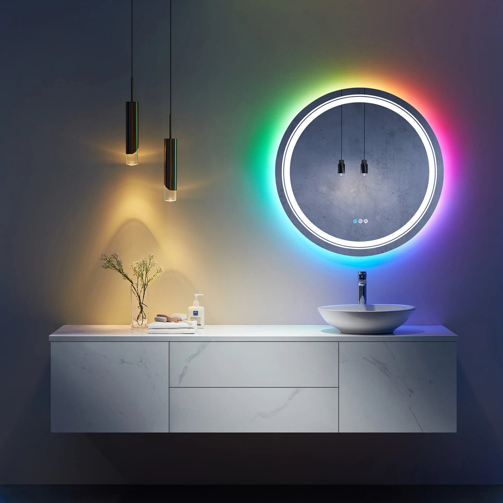Rahmenloser Bade-RGB-Wandmontage in runder Form, intelligenter LED-Badezimmerspiegel, gehärteter Badezimmerspiegel