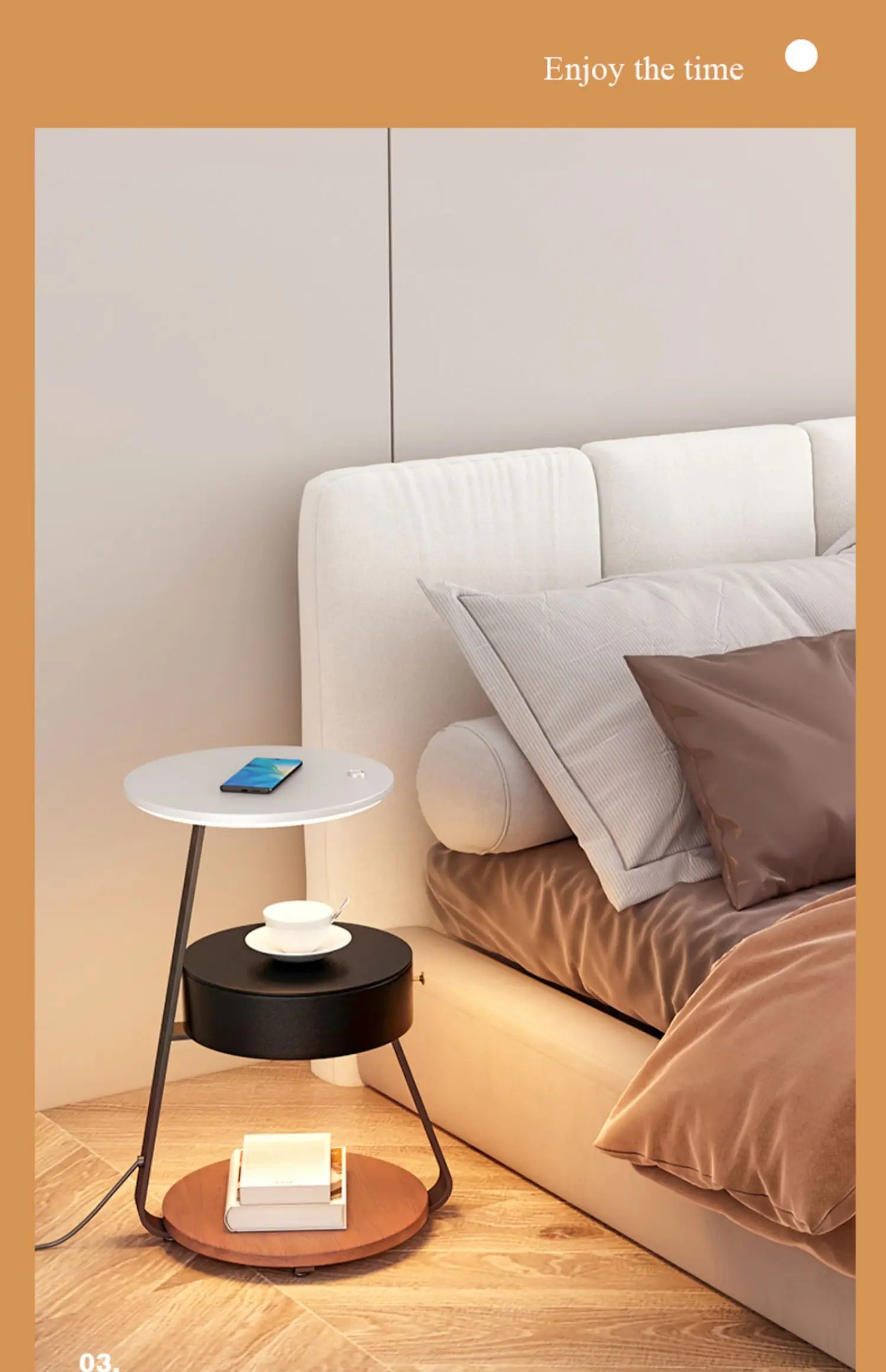 Schlafzimmer Minimalistische Nachttische Kleiner Raum Runder Licht Intelligenter Nachttisch mit kabellosem Ladegerät Nachttisch Bibliotheksmöbel