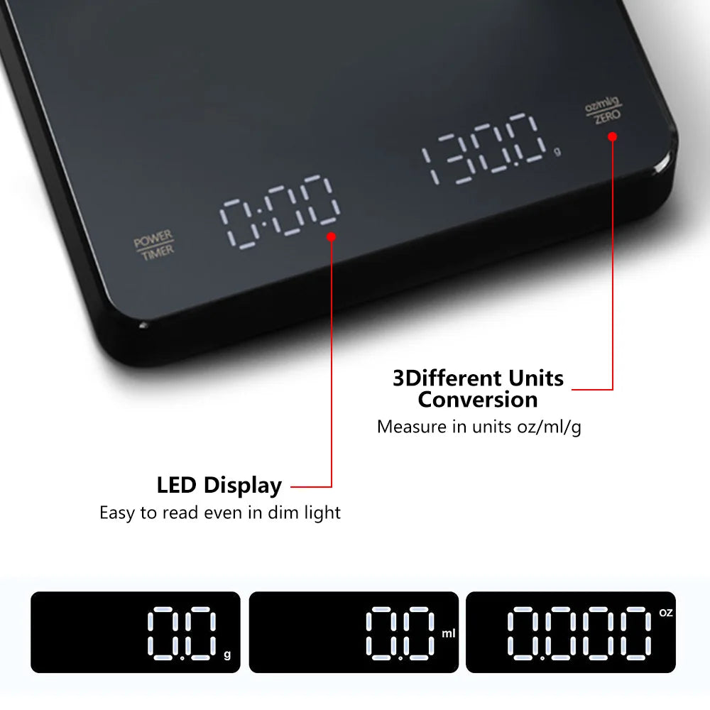 Digitale Kaffeewaage mit Timer, LED-Bildschirm, Espresso, USB, 3 kg, max. Wiegen 0,1 g, hochpräzise Messungen in Oz/ml/g, Küchenwaage
