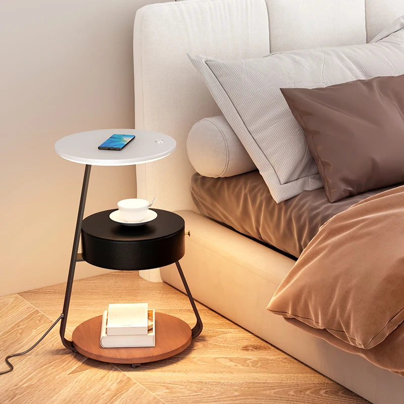 Schlafzimmer Minimalistische Nachttische Kleiner Raum Runder Licht Intelligenter Nachttisch mit kabellosem Ladegerät Nachttisch Bibliotheksmöbel