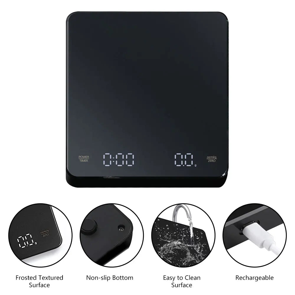 Digitale Kaffeewaage mit Timer, LED-Bildschirm, Espresso, USB, 3 kg, max. Wiegen 0,1 g, hochpräzise Messungen in Oz/ml/g, Küchenwaage