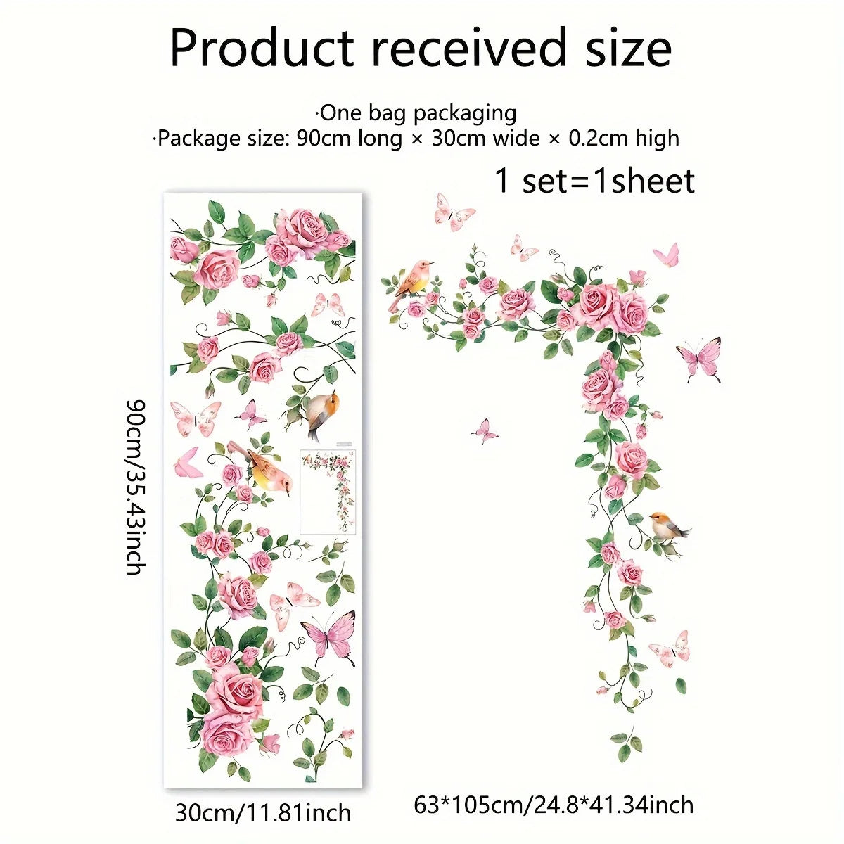 Eleganter Wandaufkleber mit Rosen- und Schmetterlingsmotiv für Türen – modernes Blumendesign – selbstklebend – wiederverwendbar – geeignet für Schlafzimmer
