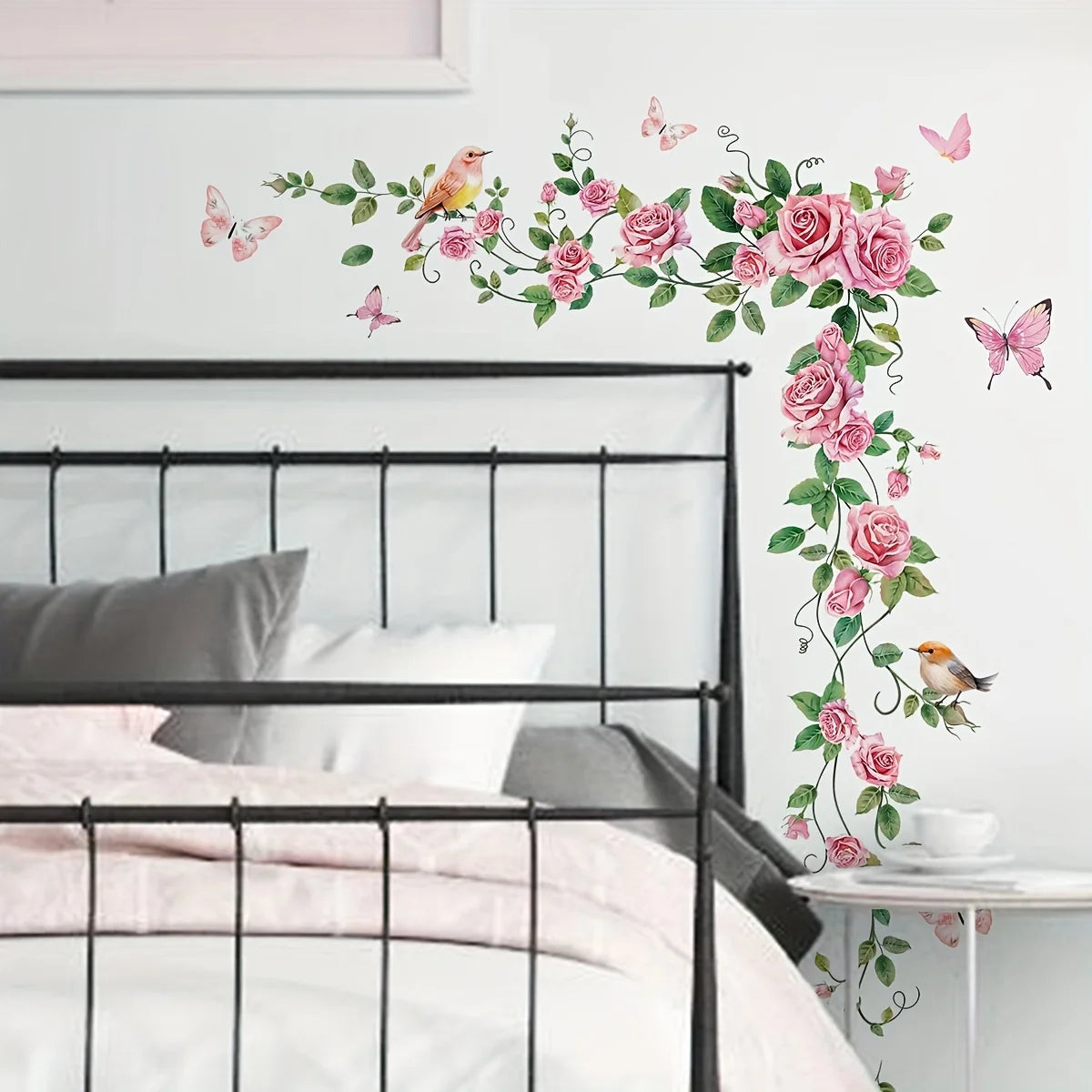 Eleganter Wandaufkleber mit Rosen- und Schmetterlingsmotiv für Türen – modernes Blumendesign – selbstklebend – wiederverwendbar – geeignet für Schlafzimmer
