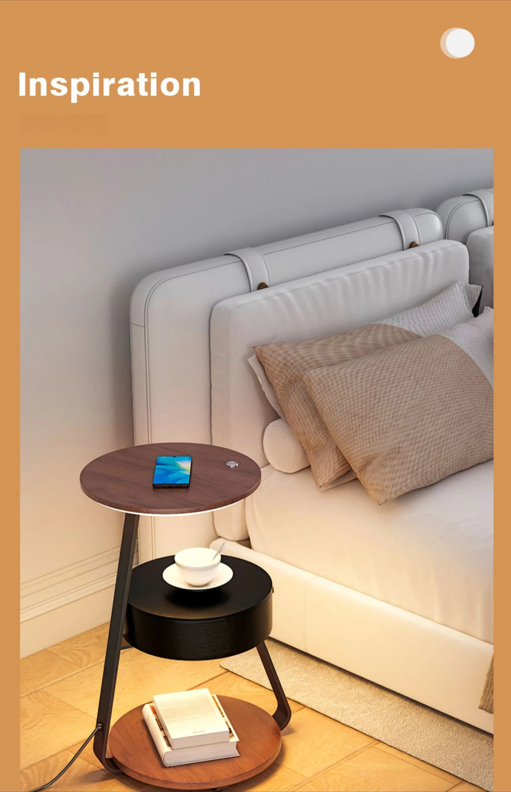 Schlafzimmer Minimalistische Nachttische Kleiner Raum Runder Licht Intelligenter Nachttisch mit kabellosem Ladegerät Nachttisch Bibliotheksmöbel