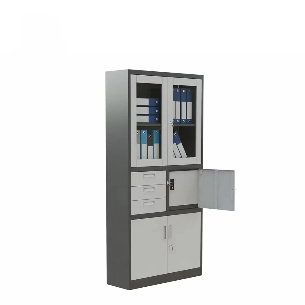 Moderner Büroschrank; Ganzstahl-Aktenschrank mit doppelten Glastüren; ideal für die Dokumentenaufbewahrung im Home-Office.