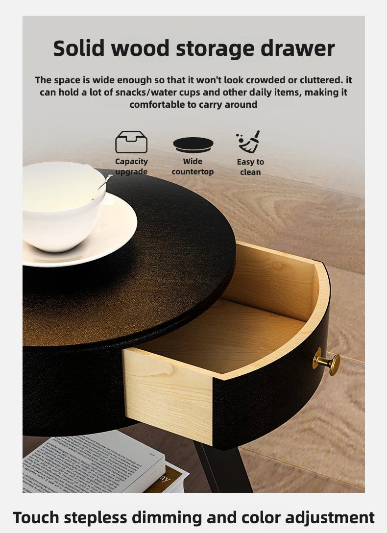 Schlafzimmer Minimalistische Nachttische Kleiner Raum Runder Licht Intelligenter Nachttisch mit kabellosem Ladegerät Nachttisch Bibliotheksmöbel