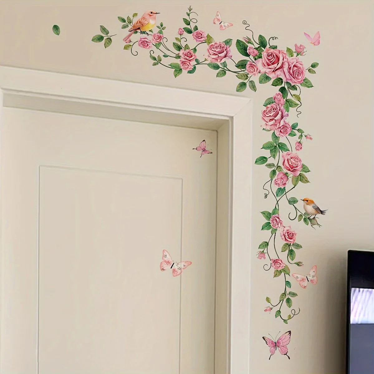 Eleganter Wandaufkleber mit Rosen- und Schmetterlingsmotiv für Türen – modernes Blumendesign – selbstklebend – wiederverwendbar – geeignet für Schlafzimmer