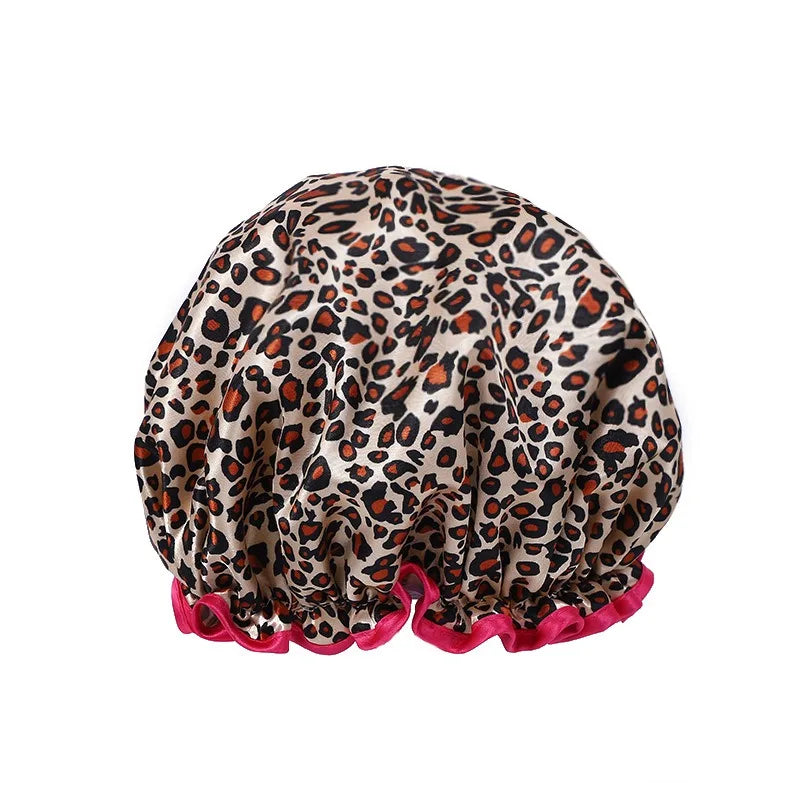1PC Wasserdichte Dusche Kappe Leopard Print Doppel Schicht Elastische Dusche Haar Abdeckung Wiederverwendbare Welle Punkt Dusche Kappe Bad Lieferungen