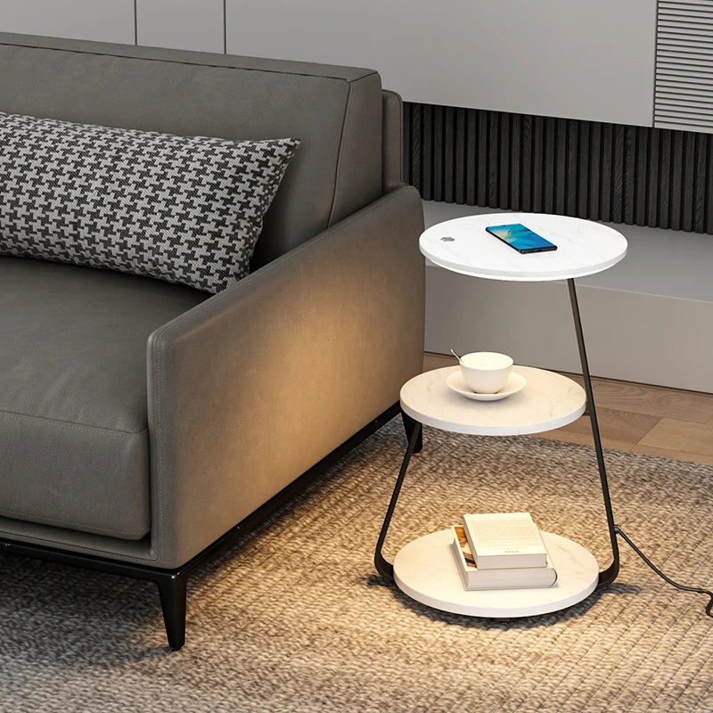 Schlafzimmer Minimalistische Nachttische Kleiner Raum Runder Licht Intelligenter Nachttisch mit kabellosem Ladegerät Nachttisch Bibliotheksmöbel