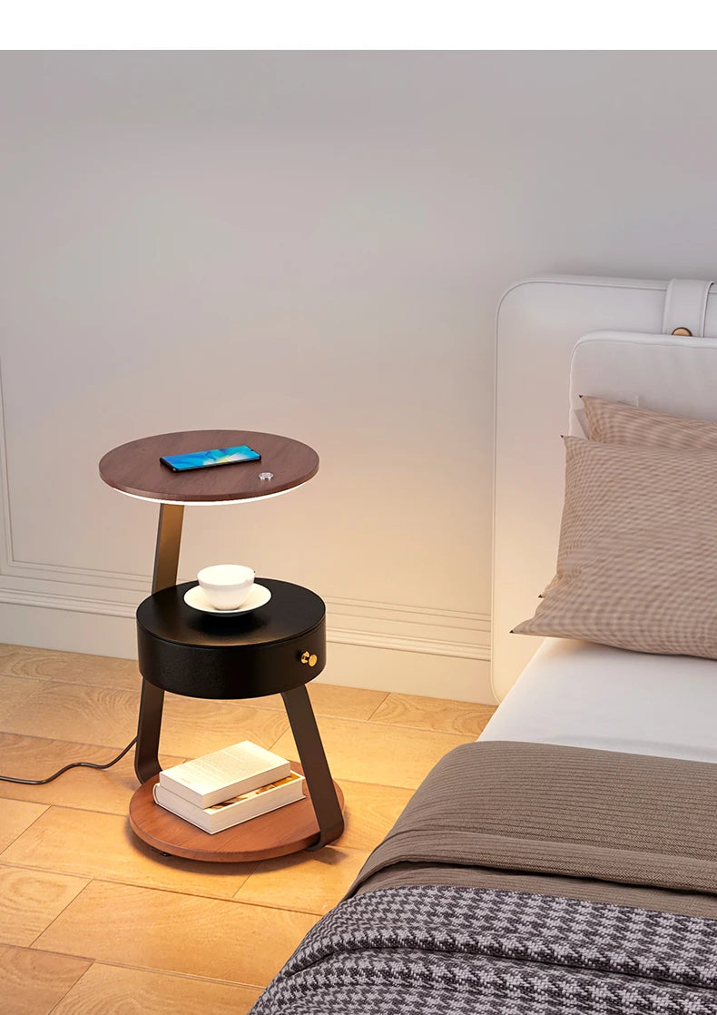 Schlafzimmer Minimalistische Nachttische Kleiner Raum Runder Licht Intelligenter Nachttisch mit kabellosem Ladegerät Nachttisch Bibliotheksmöbel