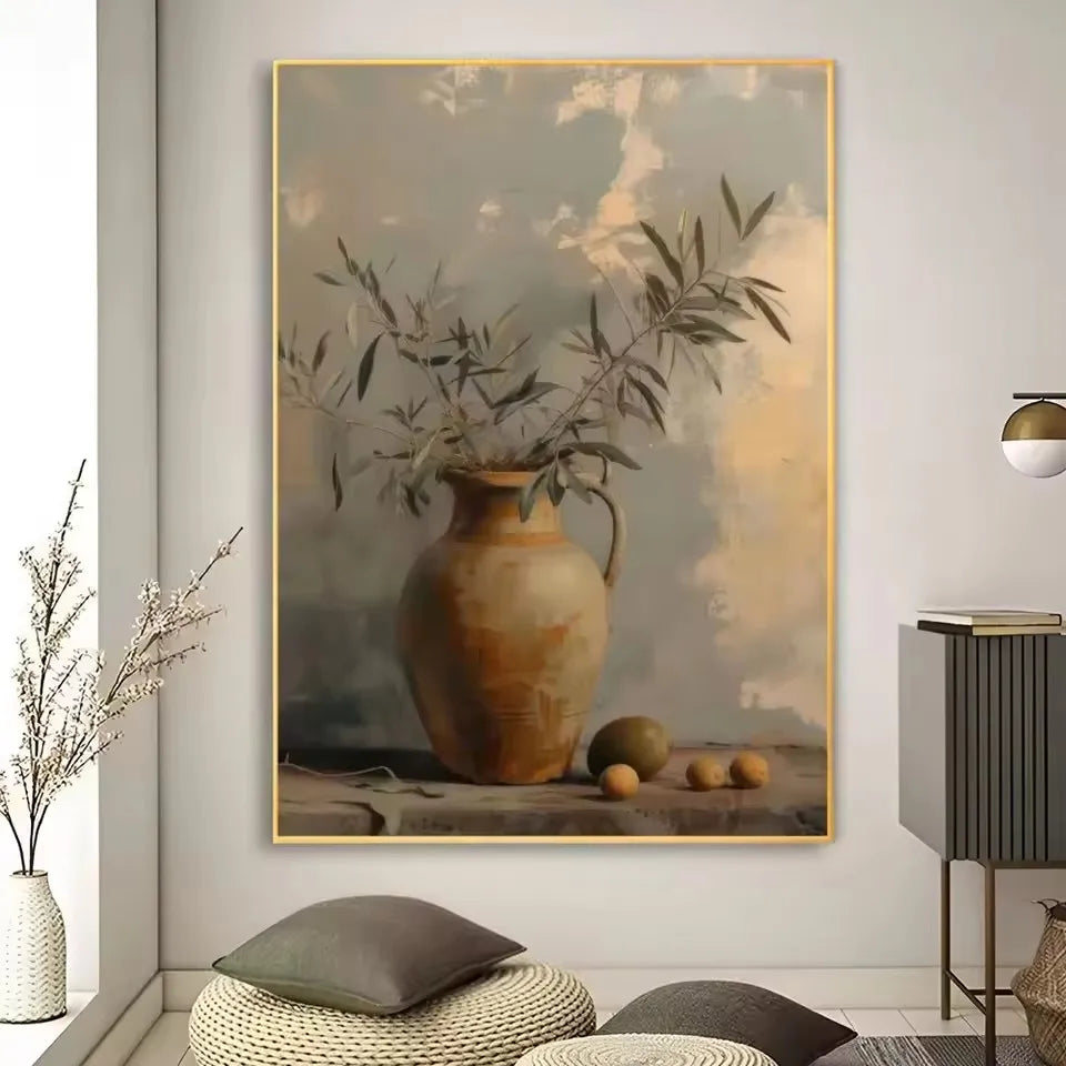 Art Deco Retro Blumenvase Leinwand Wandkunstdruck, rahmenloses modernes abstraktes Blumenposter für Heimdekoration, ästhetische Raumdeko