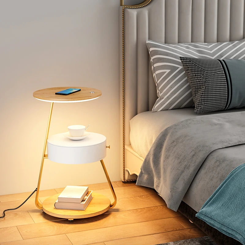 Schlafzimmer Minimalistische Nachttische Kleiner Raum Runder Licht Intelligenter Nachttisch mit kabellosem Ladegerät Nachttisch Bibliotheksmöbel