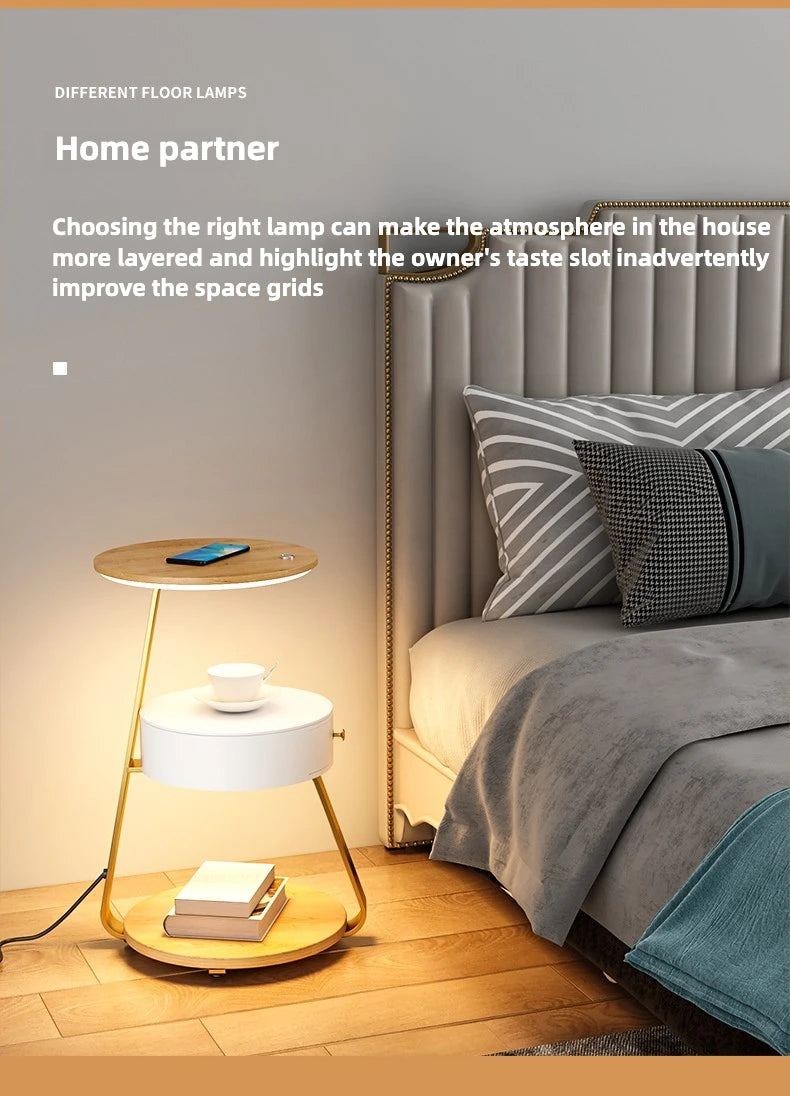 Schlafzimmer Minimalistische Nachttische Kleiner Raum Runder Licht Intelligenter Nachttisch mit kabellosem Ladegerät Nachttisch Bibliotheksmöbel