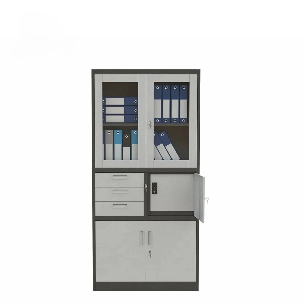 Moderner Büroschrank; Ganzstahl-Aktenschrank mit doppelten Glastüren; ideal für die Dokumentenaufbewahrung im Home-Office.