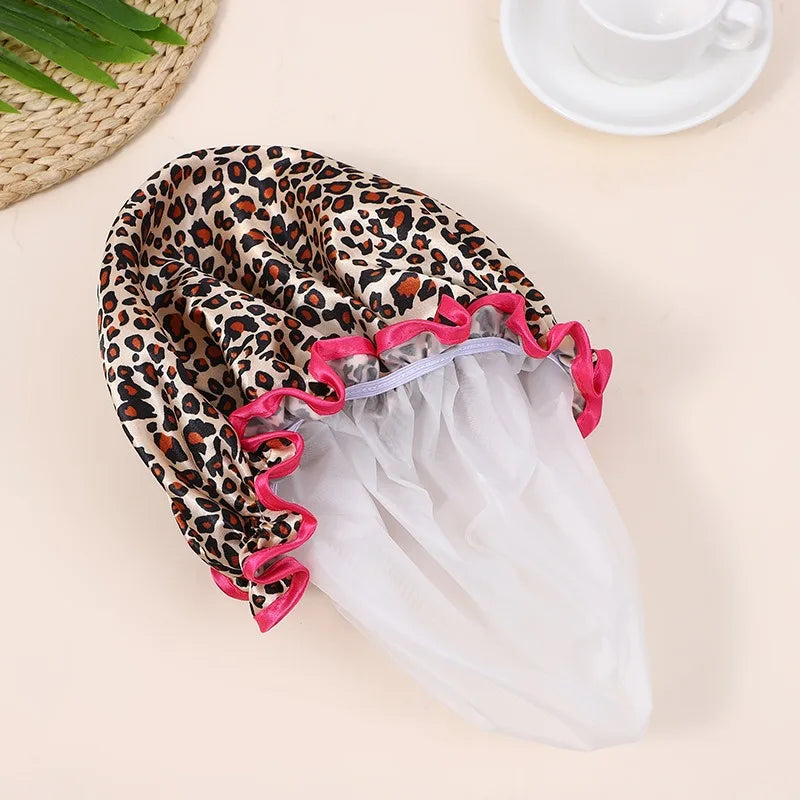 1PC Wasserdichte Dusche Kappe Leopard Print Doppel Schicht Elastische Dusche Haar Abdeckung Wiederverwendbare Welle Punkt Dusche Kappe Bad Lieferungen